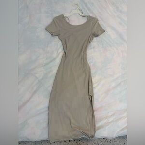 Beige Ribbed slit/open back bodycon Dress